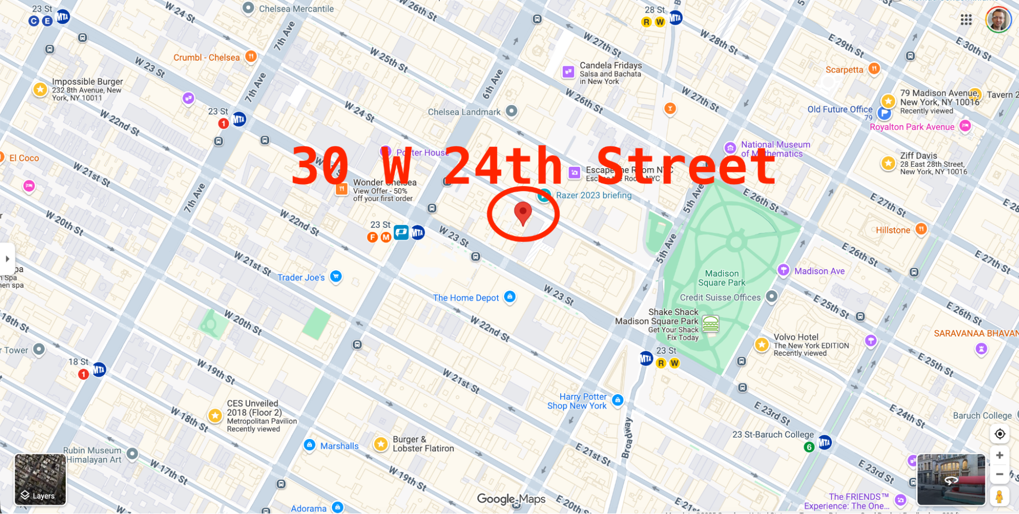 Map of Flatiron showing Swider Studios at 30 W 24th Street